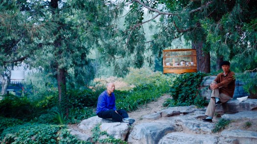 2 Chinese bird lovers keep each other company with their pet bird in a cage